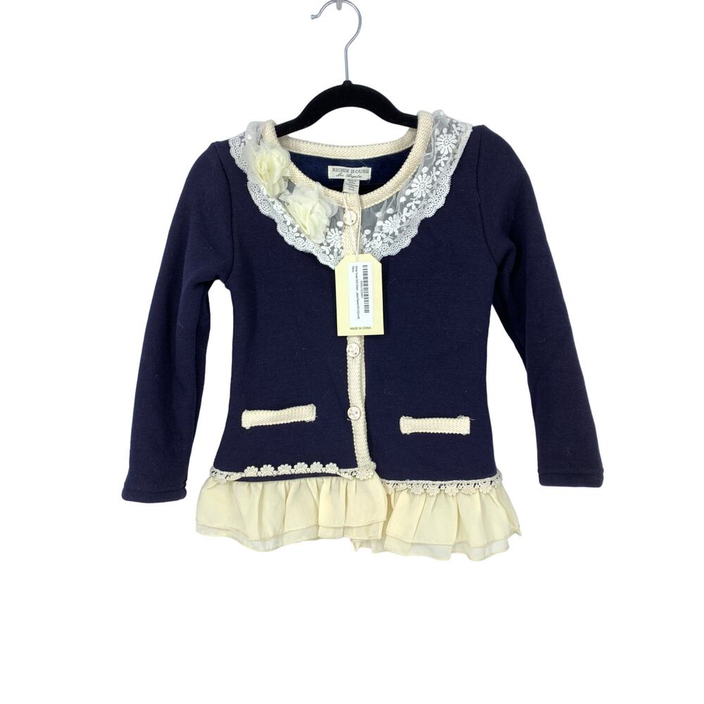 Richie House Girl's Size 4-5 Sweet Lacy Cardigan with Braided Placket Blue Cream